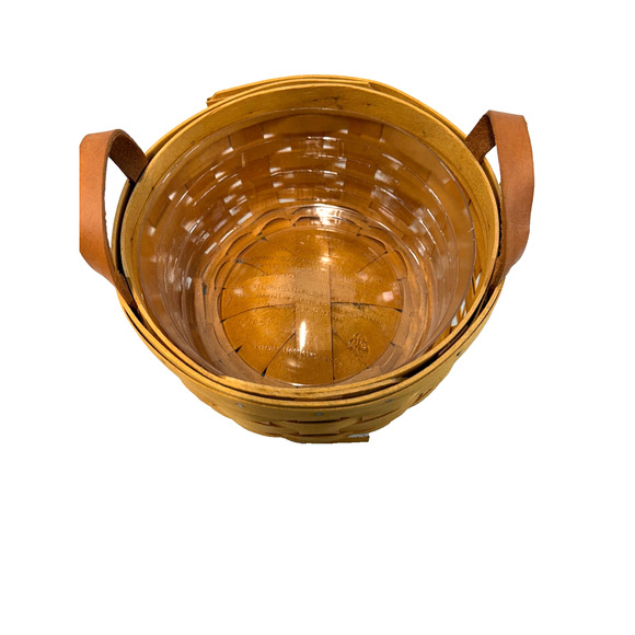 2002 Longaberger Button Basket w/2 Leather Handles Protector 7"RD x 3"H Vintage - Picture 2 of 3
